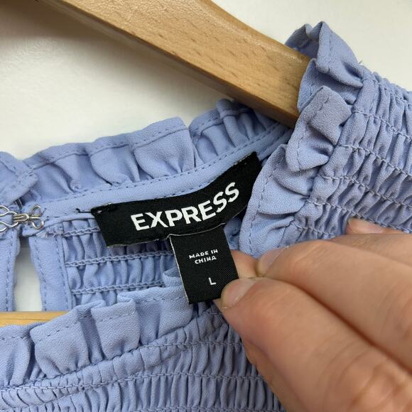 Express Blue Stretch Smocked Ruffle Short Sleeve Top Large - Picture 6 of 7